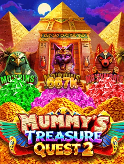 Cena do jogo Mummy’s Treasure Quest 2 com pirâmides ao fundo